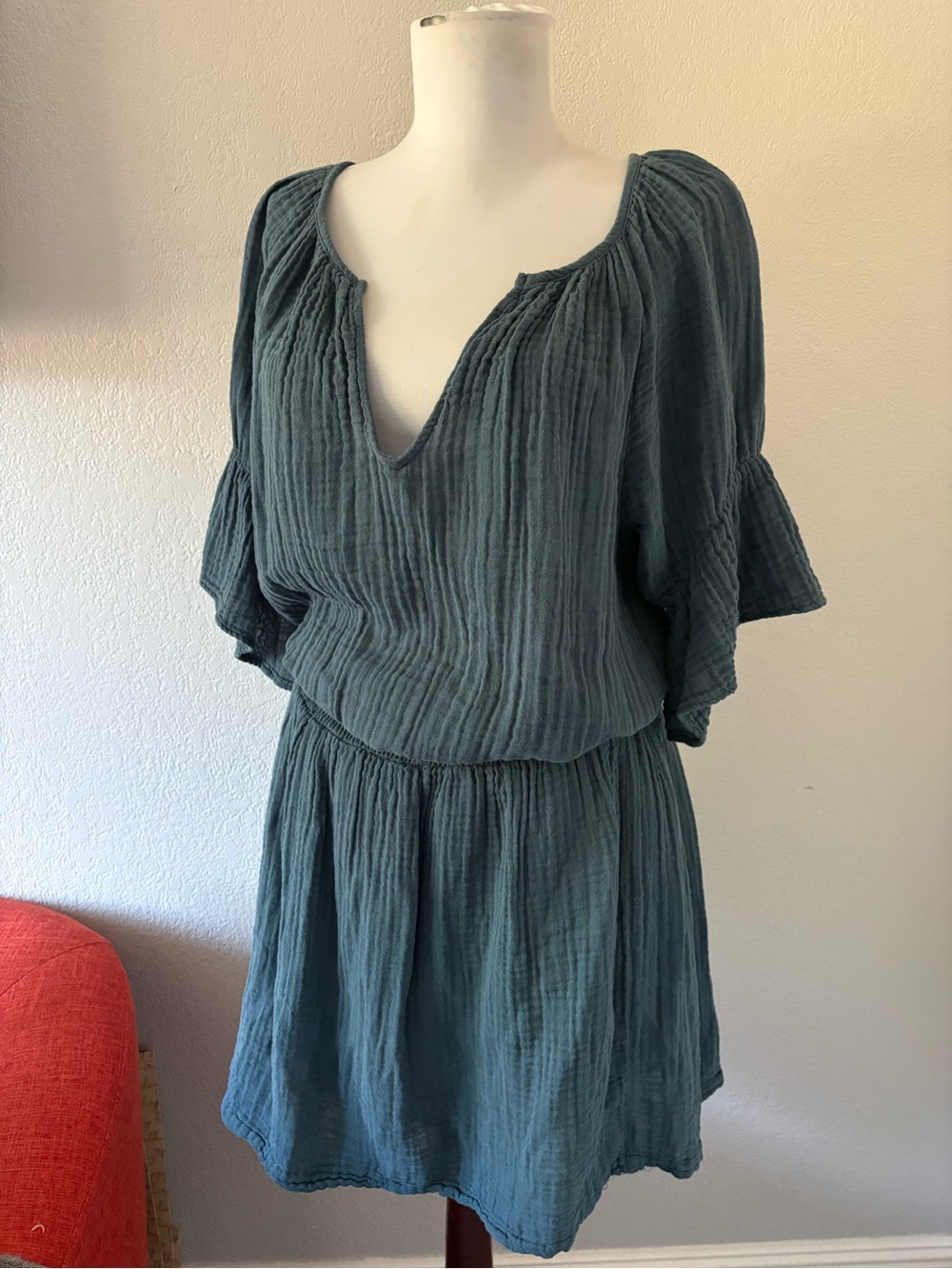 Michael Stars teal Katelyn  Double Gauze Peasant Mini Dress size S